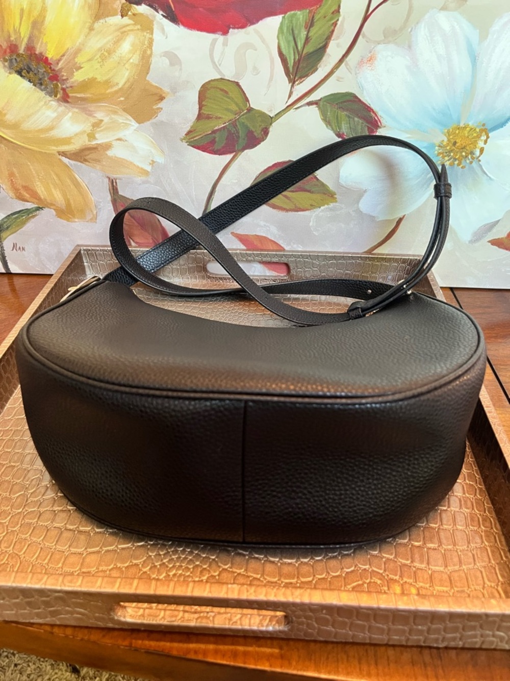Furla MiaLuna Black Pebbled Leather Crescent Crossbody Bag w/Gold Hardware- NWOT - Picture 8 of 17